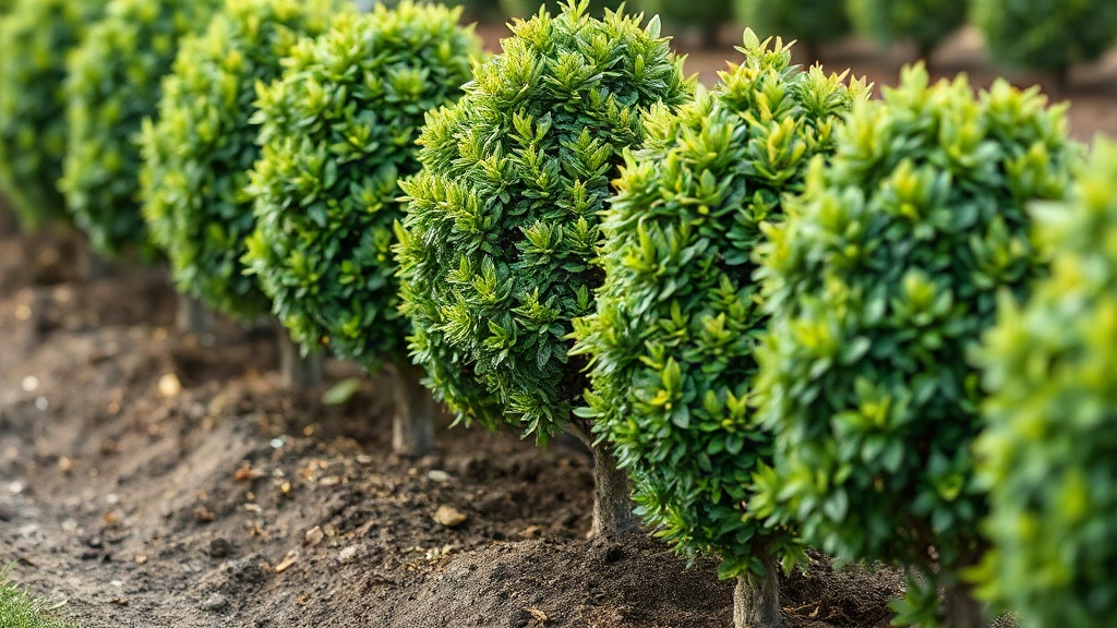 Young hedge plants set out in a row at even spacing