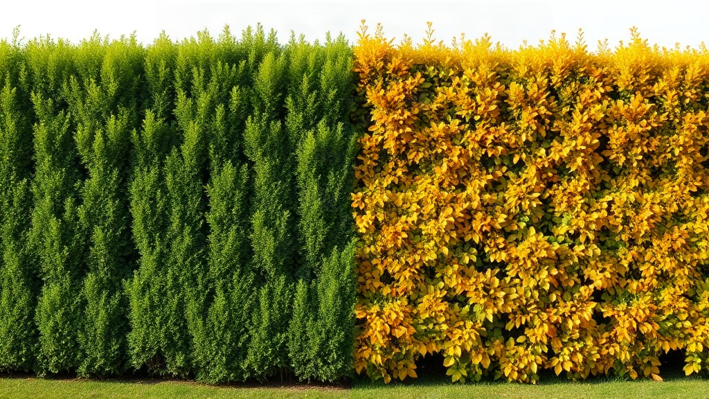 Garden hedge contrasting evergreen foliage with autumn deciduous foliage