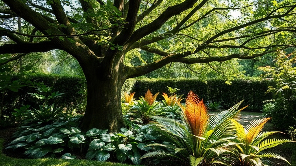 Shaded garden corner under a large tree with groundcover plants