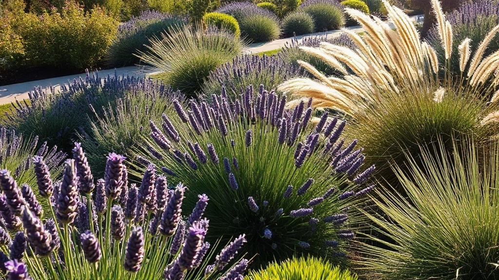 Bed of drought-tolerant plants in full sun