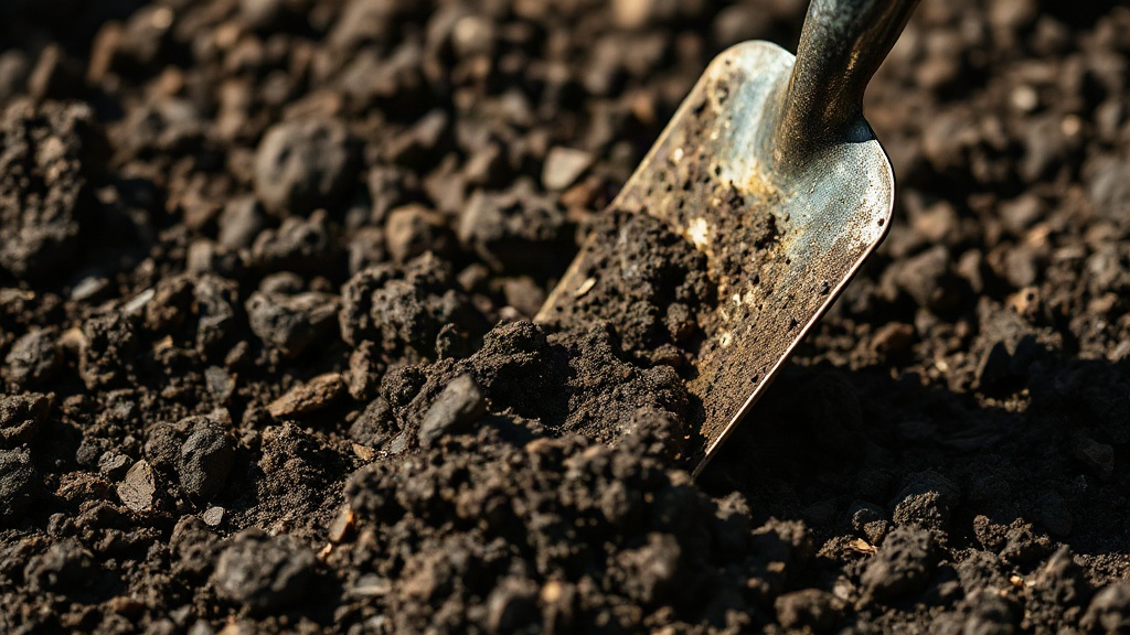 Rich garden soil being turned with a hand trowel