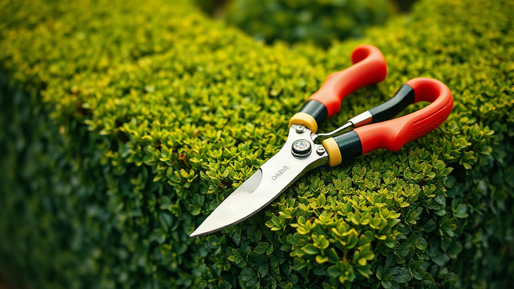 Pruning shears resting on a freshly trimmed garden hedge